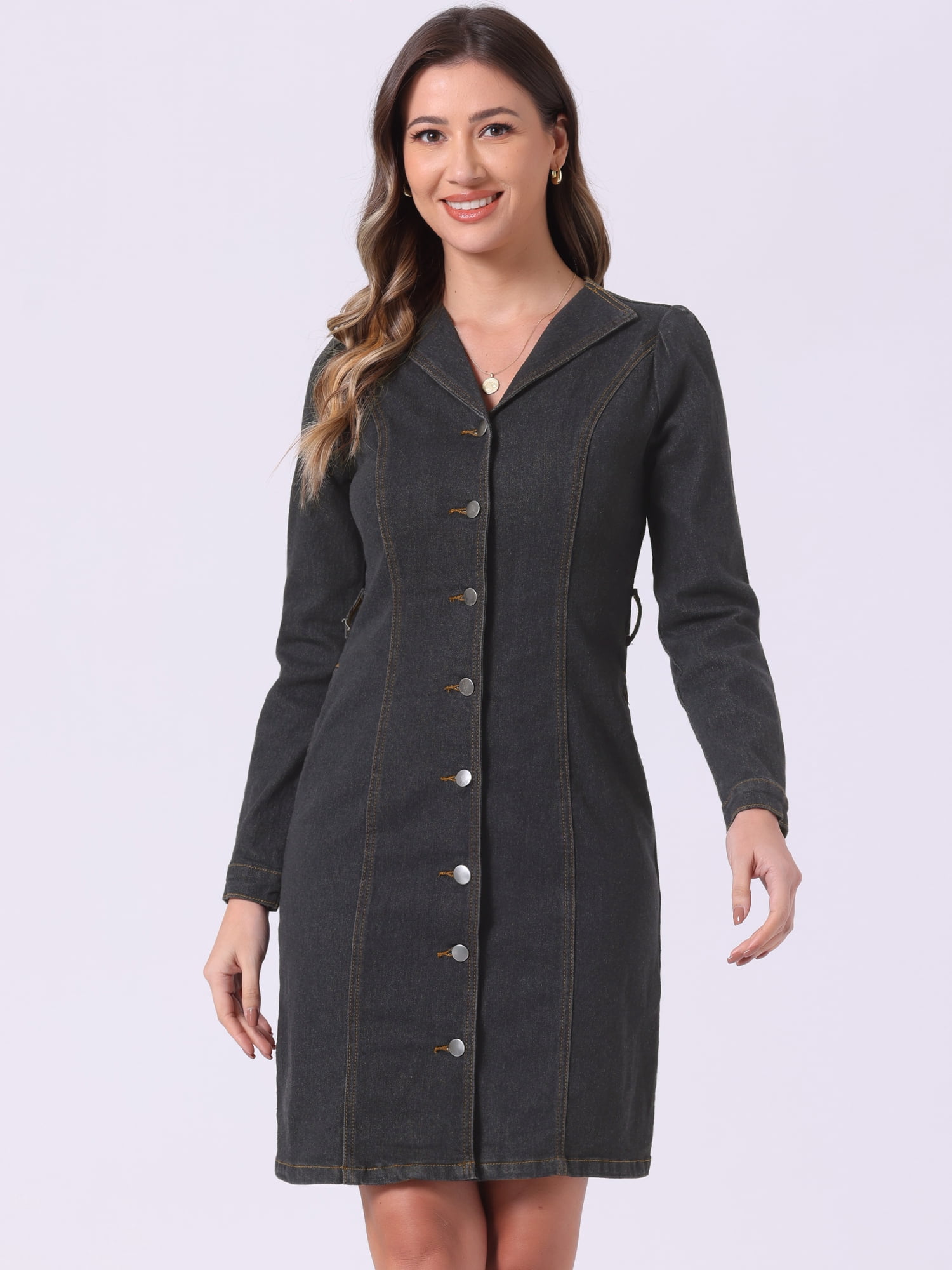 DARING DIVA Denim Dress Notched Lapel Button Down Dress XS Black