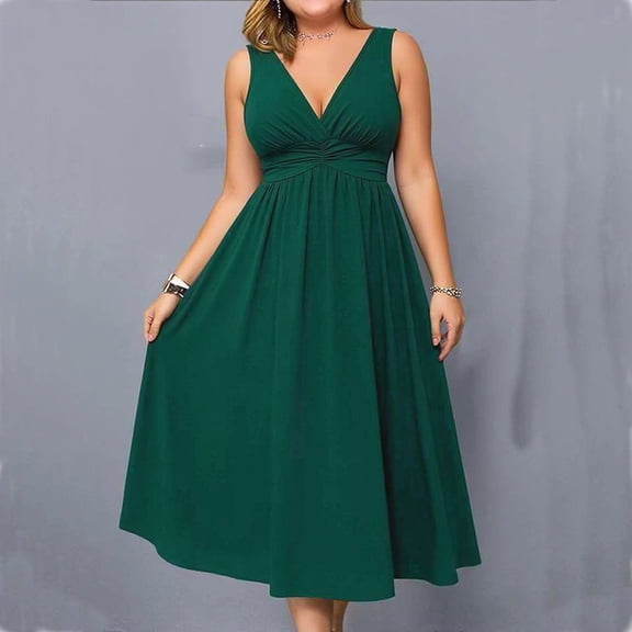 Xaqiouau Women's Plus Size Deep V Neck Sleeveless Twist Front High Waist A-Line Flowy Midi Dress Party Cocktail Wedding Guest Dress