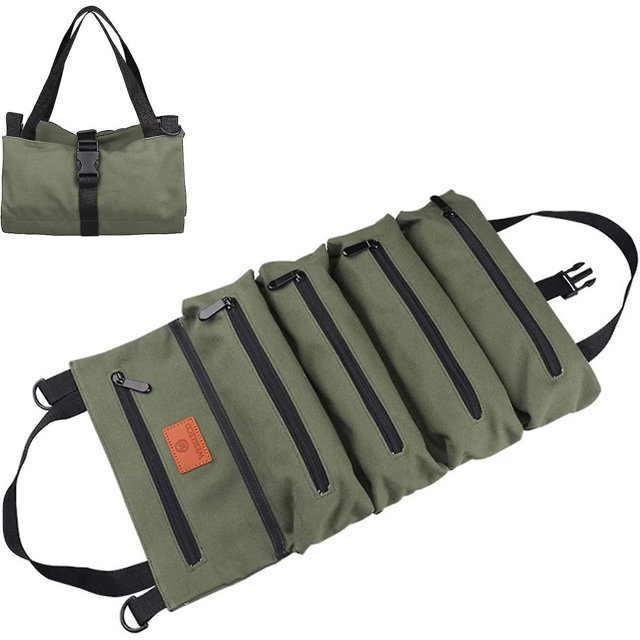 Bolsa enrollable para herramientas, lona de 16 A con 5 bolsillos con cremallera, multiusos.