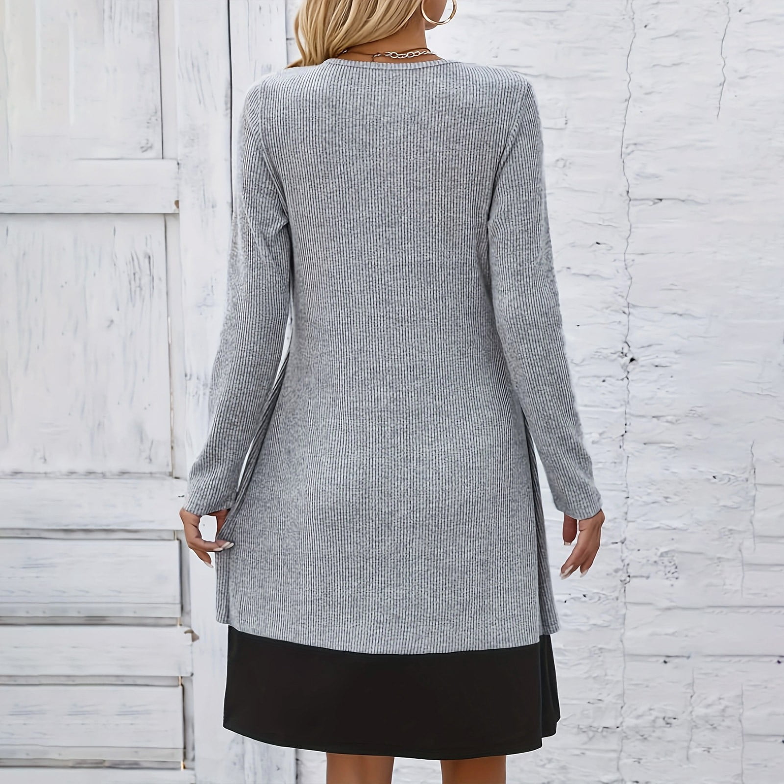 BSDJILFG Sweater Dress Long Sleeve Fall Winter Fake Two Piece Sets Button Mini Shirt Dress