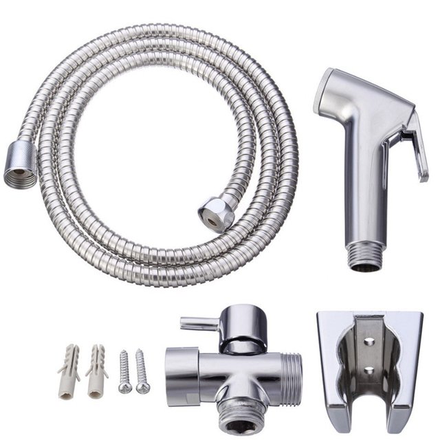 Coofit Bidet Toilet Sprayer Set Professional Handheld Bidet Sprayer Kit for Bathroom. The set includes a silver ABS plastic bidet sprayer head measuring 12.3 x 6.5 cm (4.84 x 2.56 in), a 1.5 m (4.92 ft) flexible hose, a T-adapter, a holder, two screws, and two screw sleeves. Designed for personal hygiene, toilet flushing, pet showering, and floor cleaning, the ergonomic handle ensures comfortable use. Suitable for bathroom renovation projects.