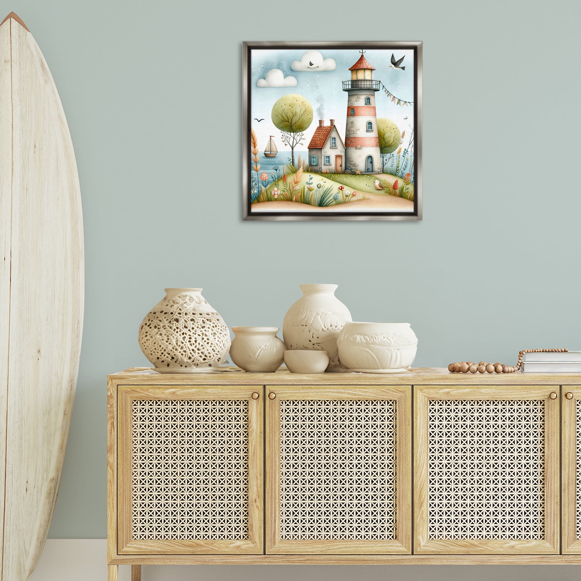 Stupell Industries Nautical Lighthouse Whimsy Nautical & Beach Painting Gray Floater Framed Canvas Art Print Wall Art, 25 x 25