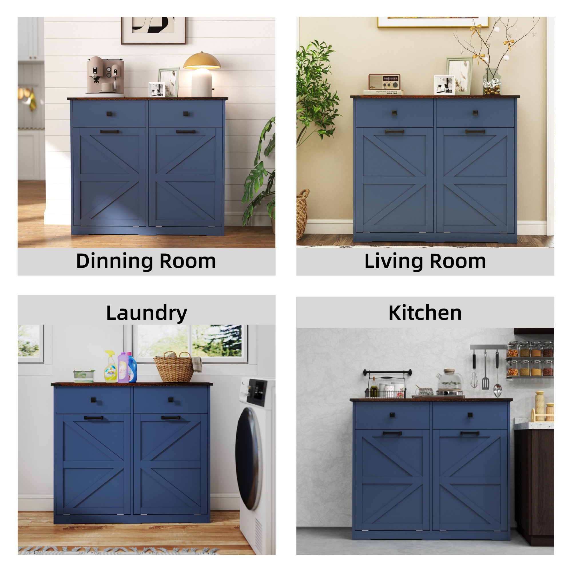 Leumius 20 Gallon Farmhouse Double Tilt Out Trash Cabinet, Free Standing Recycling Cabinet with Hideaway Drawer, Barn Door Style Laundry Sorter Cabinet, Tilt Out Trash Cabinet for Kitchen Blue
