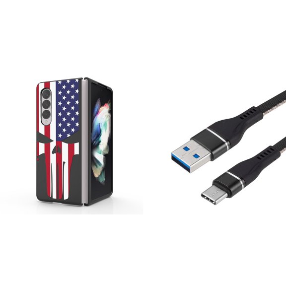Accessory Bundle for Galaxy Z Fold 4: Slim Snap-On Case (USA Skull Flag), Nylon Braided USB-C to USB-A Cable (3 Feet)