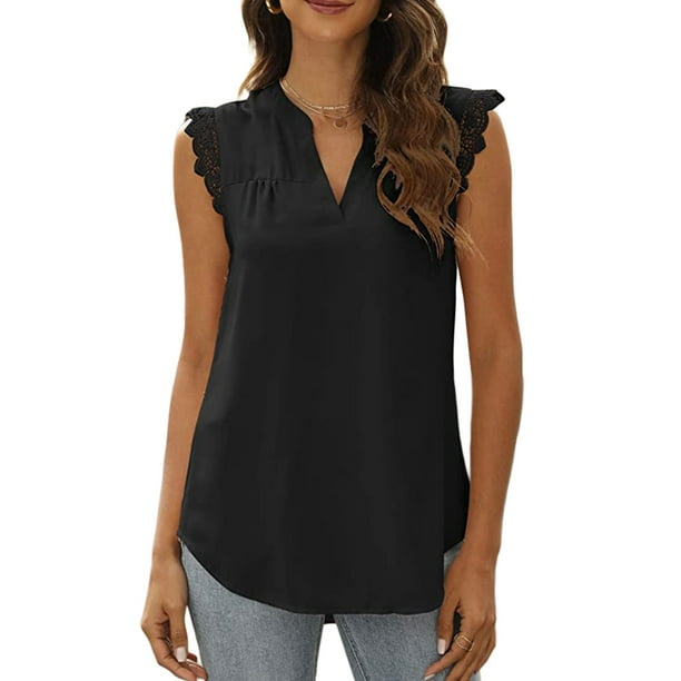 Txlixc, camisetas sin mangas de verano para mujer, sin mangas, lisas/flores/hojas, camisas de encaje con cuello en V, chaleco informal suelto para mujer Txlixc Estilo de ocio