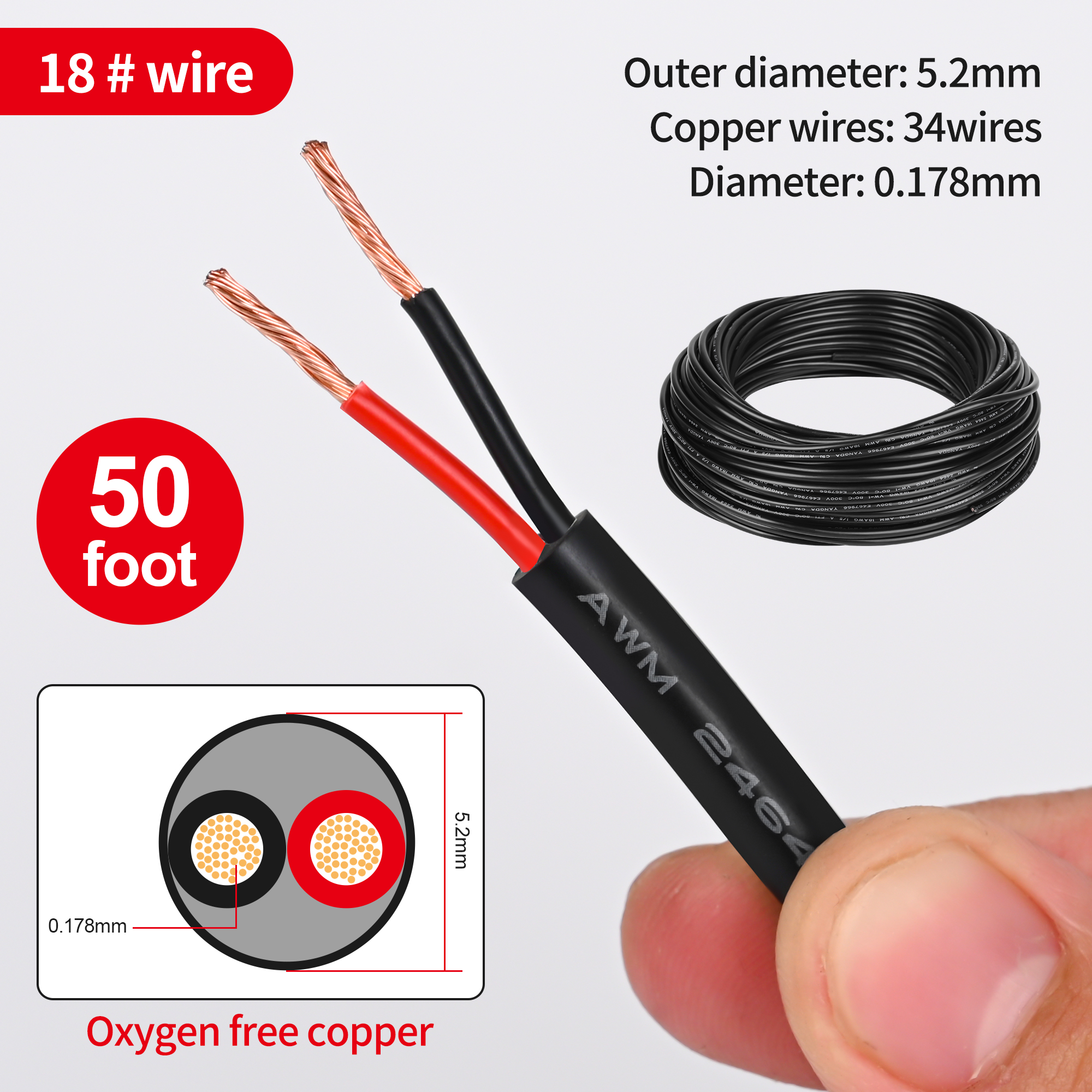 18 Gauge Electrical Wire 2 Conductor，18 AWG Electrical Wire Stranded PVC Cord Oxygen-free copper Cable，50FT Pure Copper Electrical Wire  Cord for LED Lamp Lighting Strips Automotive