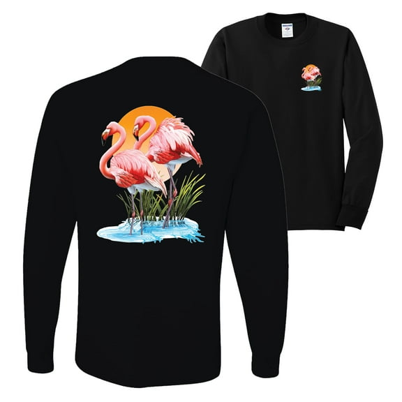 Wild Bobby, Flamingo Love Print, Animal Lover, Front and Back Mens Long Sleeve Shirt, Black, Small
