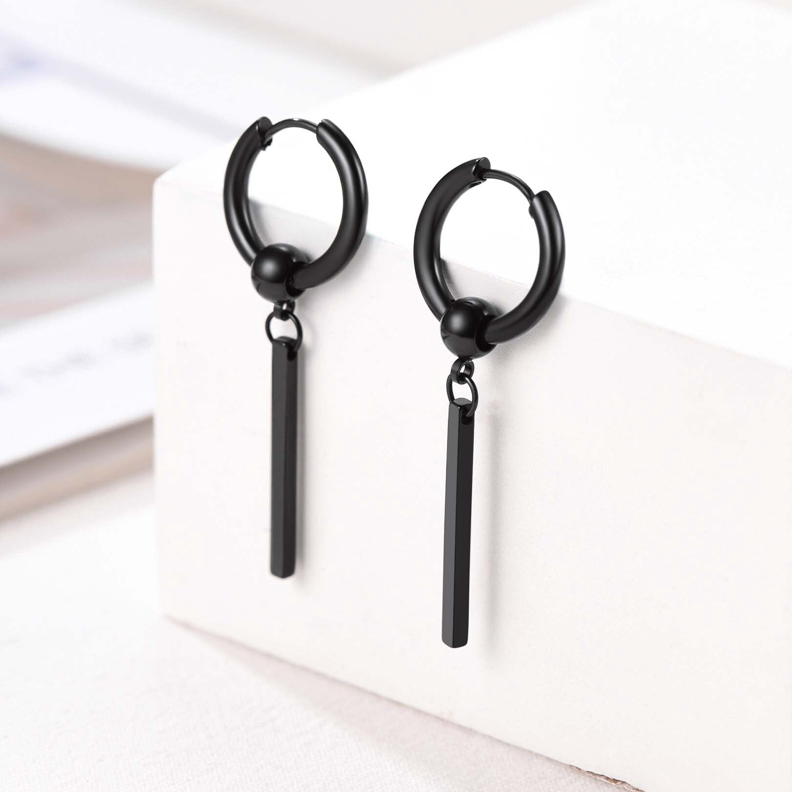 FOCALOOK Black Hoop Earrings for Women Drop Dangle Long Vertical Bar Earrings