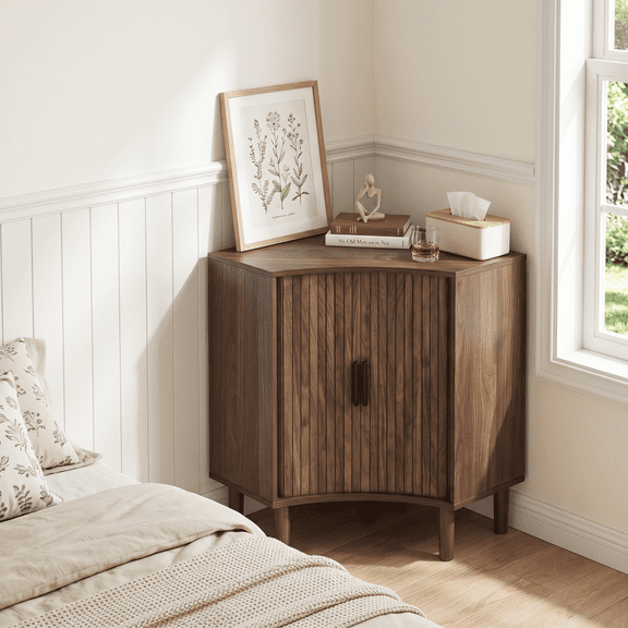 Fluted Corner Cabinet, Small Corner Floor Cabinet with Sliding Doors and Adjustable Shelves, Modern Wooden Freestanding Narrow Storage Cabinet for Small Space,Living Room,Dining Room,Bathroom, Walnut
