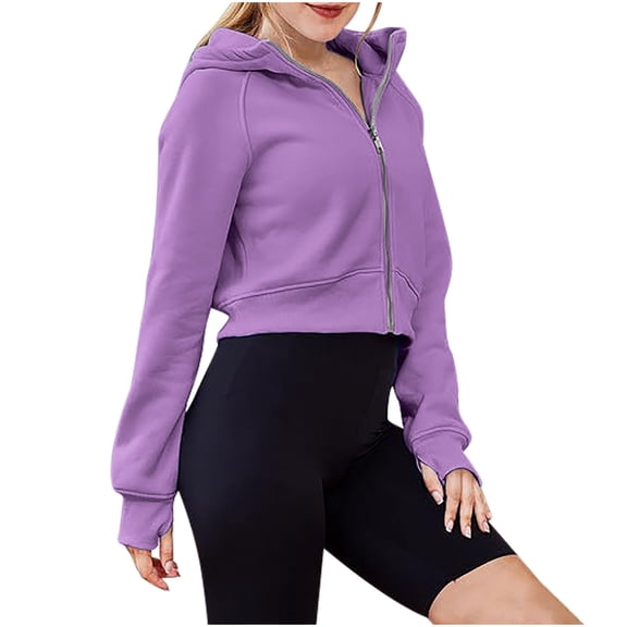 Fznquz Cropped Women Hoodies Zip Up Purple Workout Sweatshirt Casual Hooded Solid Color Long Sleeve Women's Clothing