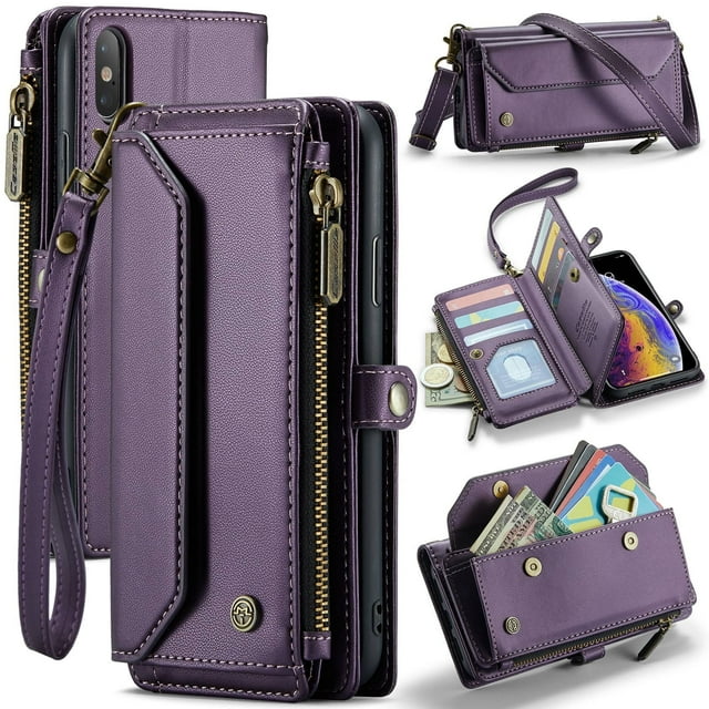 Funda tipo cartera para iPhone XS Max con bloqueo RFID, tarjetero, cremallera y ranura para billetes, correa de hombro magnética de piel sintética suave para mujer