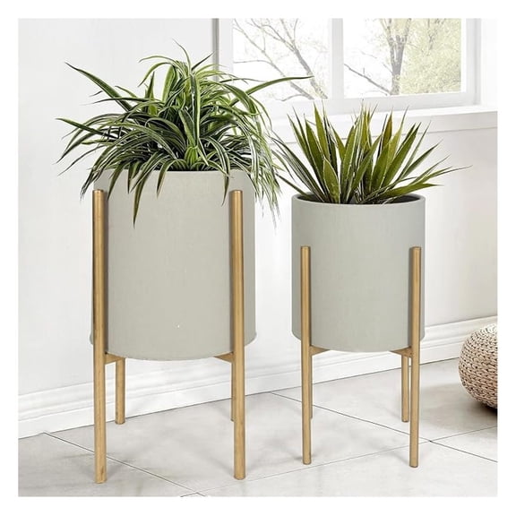 Plants Pots with Stand, Set of 2 Planters for Indoor Plants, Modern Decorative Metal Flower Pots for Living Room, Garden, Balcony, 10"&12", Cement Gray Frosted