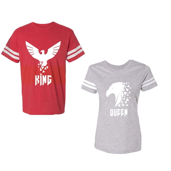 King Queen Eagle White Unisex Couple Matching Cotton Jersey style T-Shirt Contrasting stripes on sleeves (Men Red / Women Heather) (Men XL / Women S)