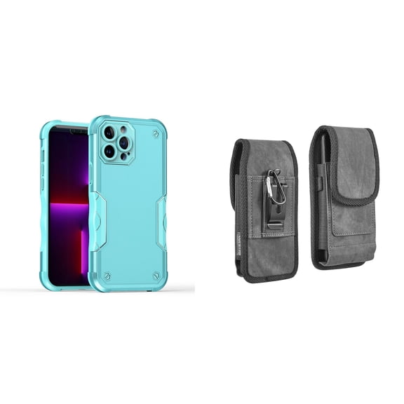 Case with Belt Holster Bundle for iPhone 14 Plus: Slim EX Hybrid Series Shockproof Case (Teal) and Vertical Rugged Denim Nylon Phone Pouch