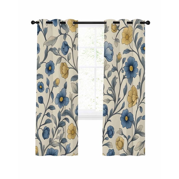 Vintage Blue Yellow Blackout Curtains 90 Inches Long for Bedroom, Spring Enchanted Garden Florals Thermal Insulated Room Darkening Black Out Window Curtain Panels Grommet Drapes for Living Room