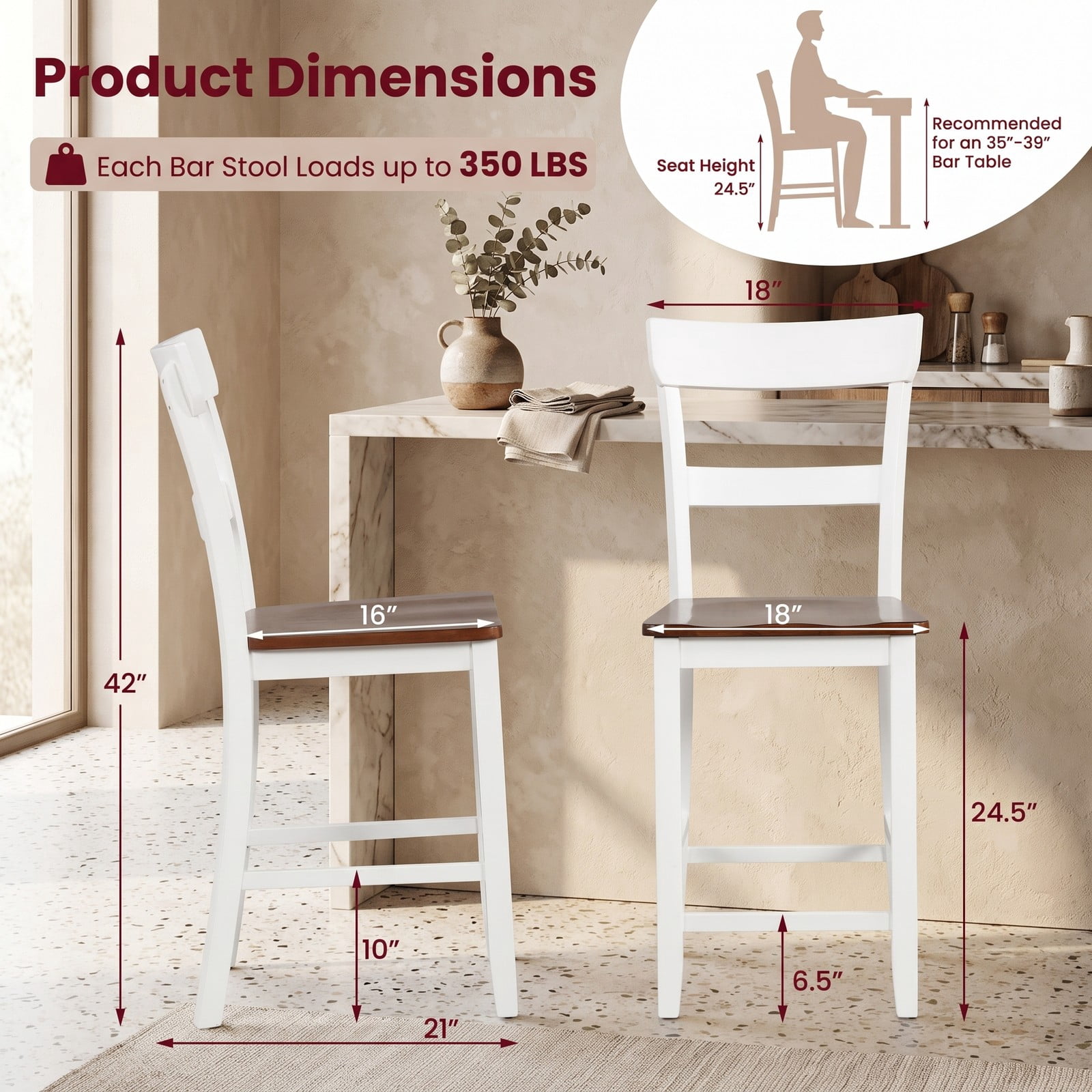 Furnibear Farmhouse Bar Stool Set of 2, 24.5 Inch Counter Height Stools with Solid Rubber Wood Frame, Curved Backrest and Footrest, Armless Dining Barstools for, White