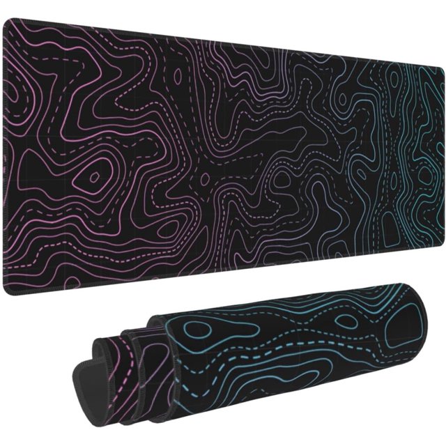 Pink Blue Topographic Contour Map Mouse Pad - 11.8x31.5in Big Extended Non-Slip Rubber Base, Stitched Edges, Ideal for Gaming PC Desktop, Large Mouse Pad