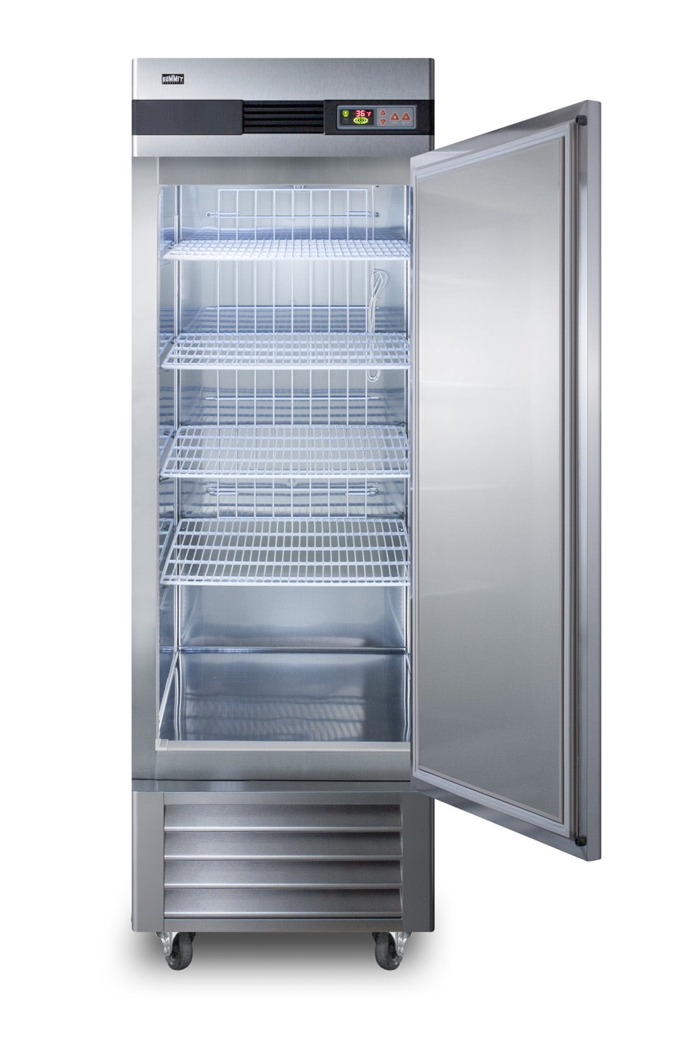 Commercially approved 23 cu.ft. reach-in refrigerator in complete stainless steel, left hand door swing