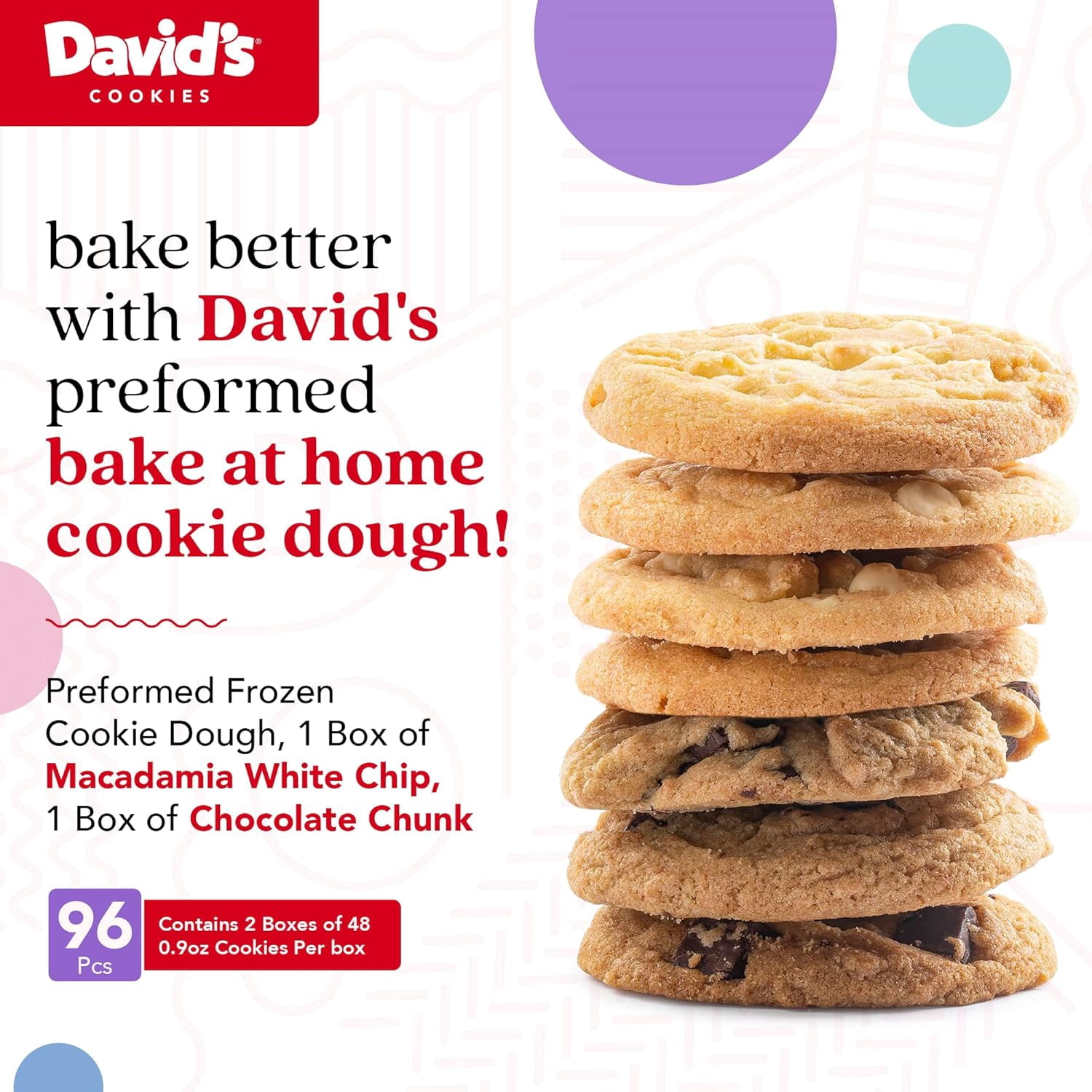 David's Cookies Preformed Frozen Cookie Dough, Chocolate Chunk and Macadamia White Chip, 80 Count