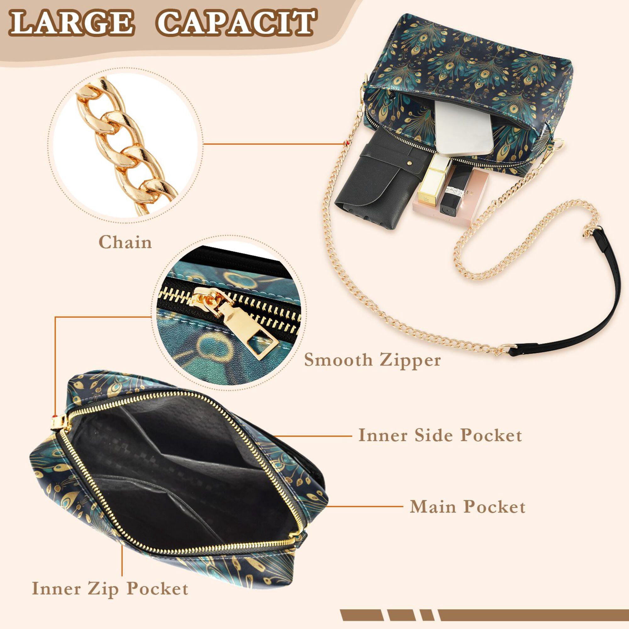 FORMRS Women Crossbody Purse with Chain Strap Vegan Leather Shoulder Handbag, Gold Peacock Pattern