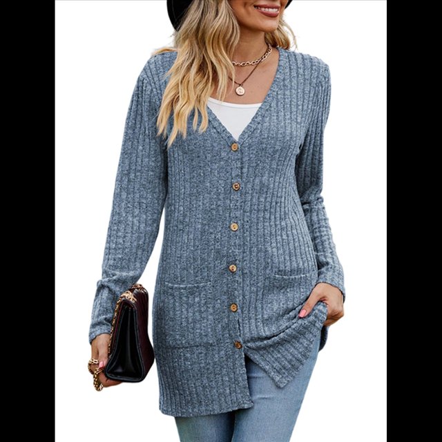 Cárdigan de Punto Suave para Mujer, Moda Otoño 2025, Abrigo de Larga Abierto con Bolsillos. Azul M