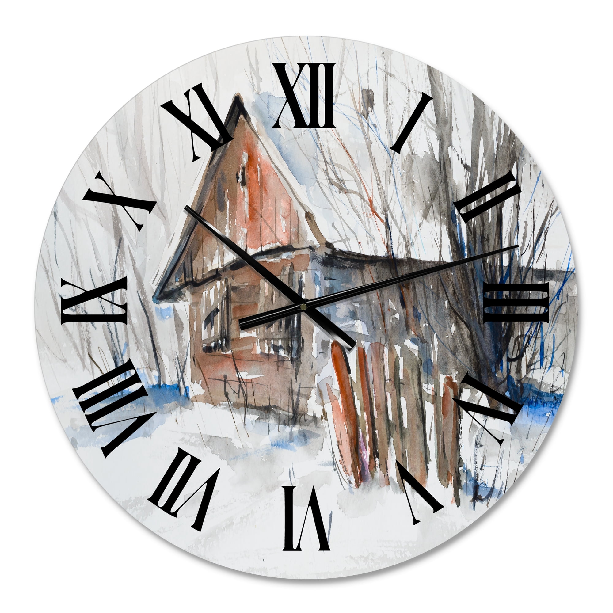 Designart 'Old Abandoned Wooden House In Winter Picture' Traditional Wall Clock