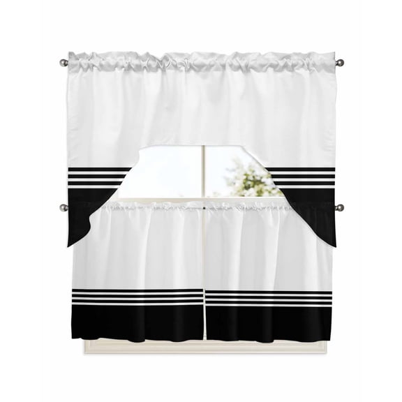 Black White Striped Kitchen Curtain and Valance Set 3 Pieces,Rod Pocket Short Tier Curtains 24 Inch Length,Modern Abstract Art Aesthetics Swag Topper Small Window Treatment for Cafe Bathroom Bedroom