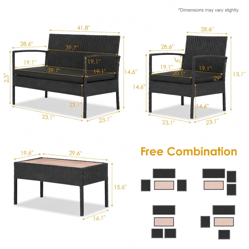 Hommoo 4-Piece Outdoor Rattan Patio Furniture Set with Acacia Wood Coffee Table, Wicker Sofa & Loveseat with Removable Cushions for Backyard, Balcony, or Poolside, Black