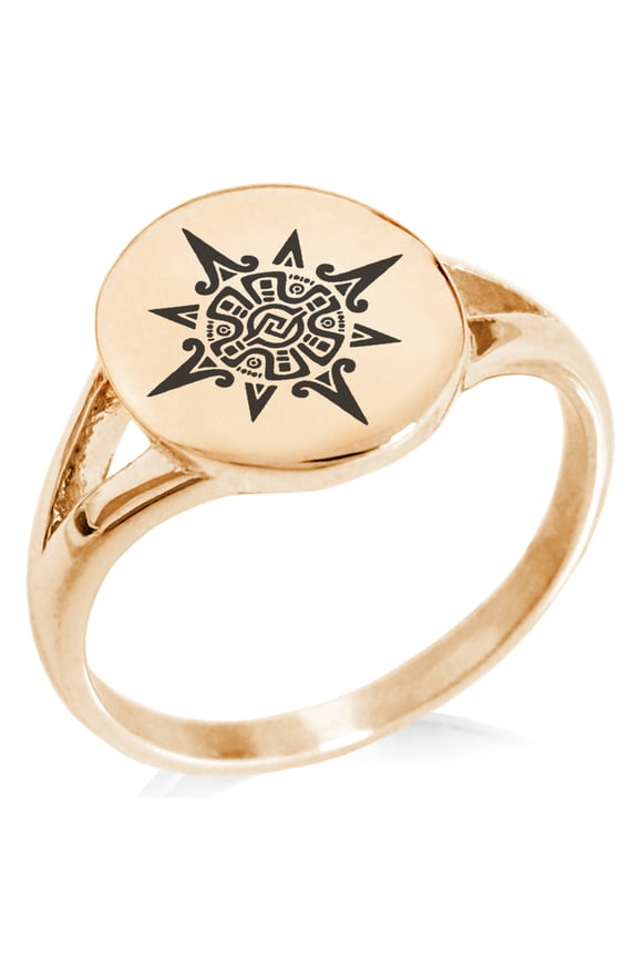 Stainless Steel Mayan Sun God Rune Minimalist Oval Top Polished Statement Signet Ring