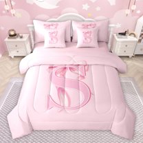 jejeloiu Letter S Monogrammed 7pcs Bedding Comforter Set,Cartoon Ribbon Bowtie Queen Bedding Sets,Pink Bow Tie Queen Sheet Sets For Girls,Microfiber Room Decorative Reversible