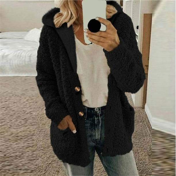 Abrigo informal con capucha y manga larga para mujer, chaqueta con capucha, suéter de invierno, abrigo cálido de lana con cremallera, abrigo de manga larga para mujer
