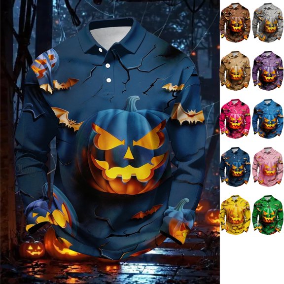 GrmtClth Halloween Holiday Party Polo Shirts For Men Long Sleeve Soft Stretch Fabric All Over Pumpkin Bat Graphic Daily Golf Casual Pullover Outfit Tops Dark Blue S
