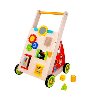 Toysters Wooden Baby Walker and Activity Center Push Cart | Wood Push and Pull Toy for Toddler Boys and Girls | Infant Game Station with Puzzles, Bead Track, Building Blocks, and Spinning Gears