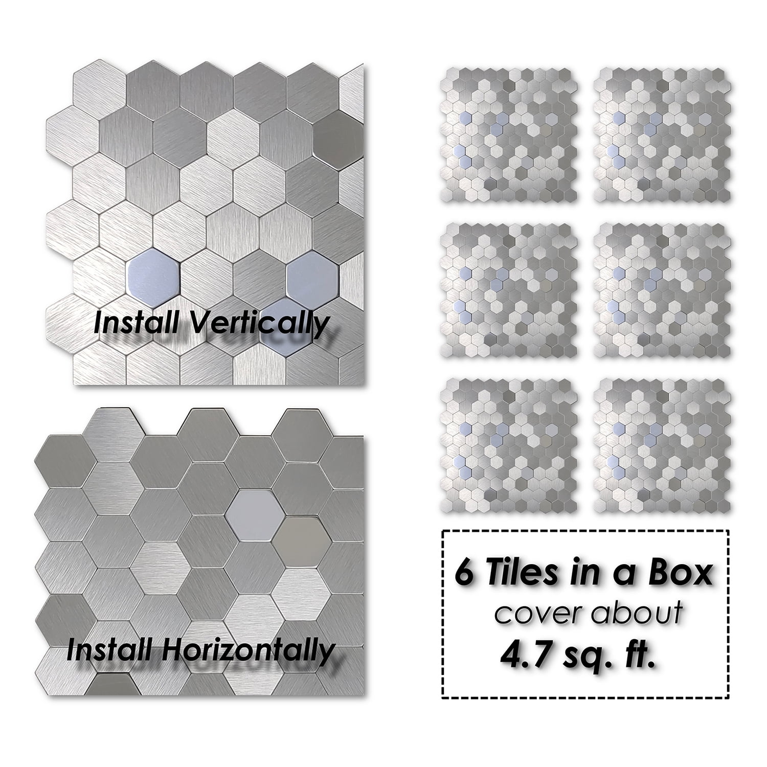 Acopelo Peel and Stick 3D Hexagon Mosaic Silver Metal Tile for Backsplash - 6 Tiles