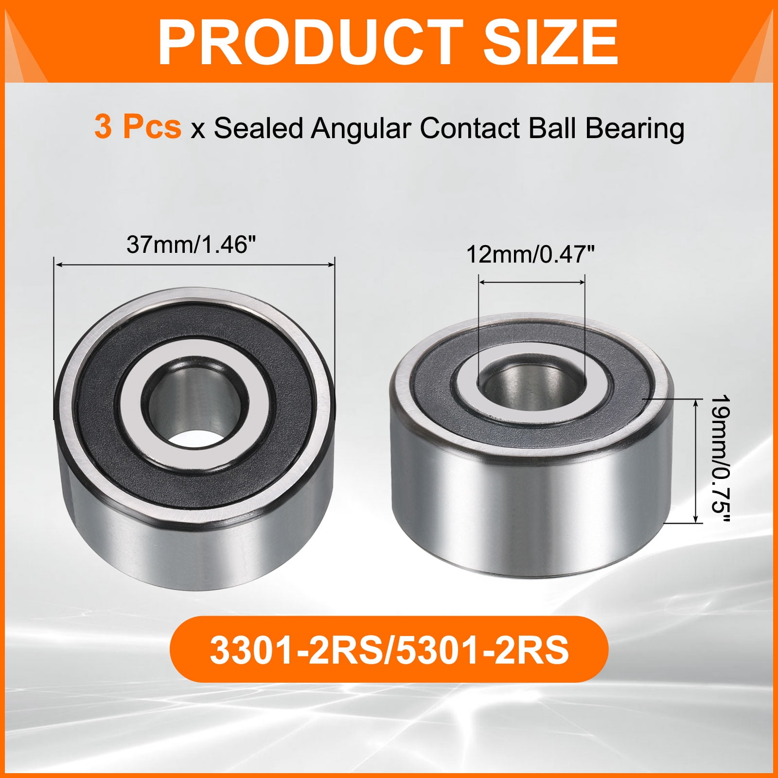 Uxcell 3 Pack 3301-2RS/5301-2RS Double Row Sealed Angular Contact Ball Bearing, 12 x 37 x 19mm Ball Bearings for Electric Motor, Pumps, Compressors, Agricultural Machinery