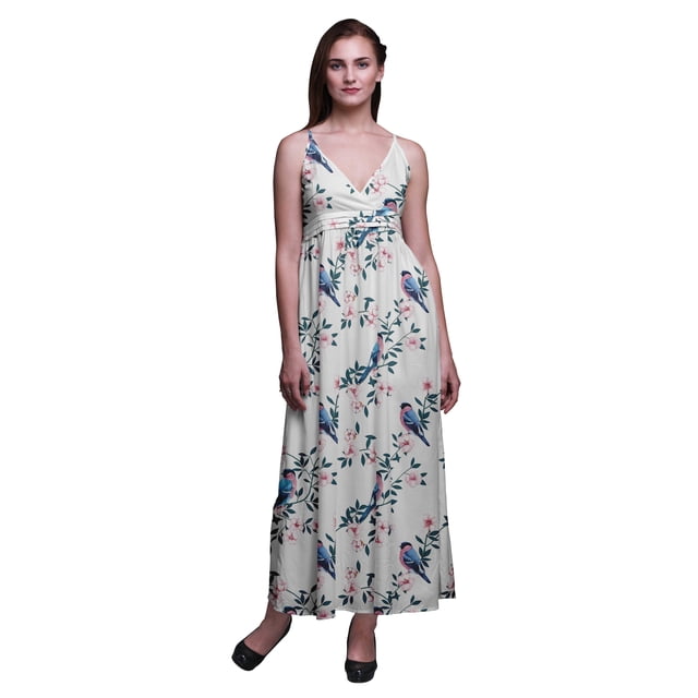 Bimba Bird Printed Adjustable Spaghetti Strap Long Maxi Dress Summer Beachwear-Small