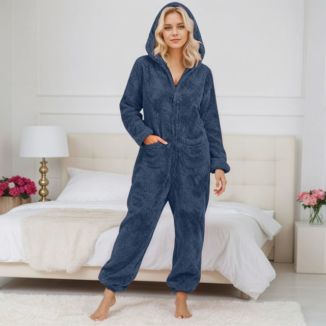 TINZ Combinaisons pour Femmes Pyjama à Capuche en Peluche Combinaison à Manches Longues Pyjama Chaud d'Hiver Combinaisons pour Femmes Automne Combinaisons Décontractées pour Femmes