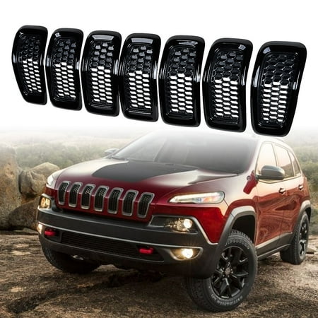 Kit 7pcs For 2014-2018 Jeep Cherokee 4-Door Matte Black Mesh Grille Grill Cover Glossy Blk Trim Insert