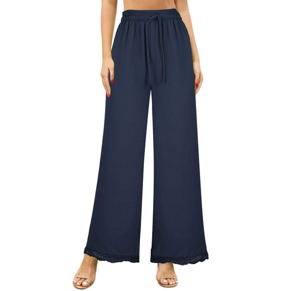 Xuniizn Plus Size Pants for Women, Drawstring Elastic High Waist Lace Hem Wide Leg Yoga Pants, Lightweight Breathable Soft Cozy Casual Loose Sweatpants, S-5XL