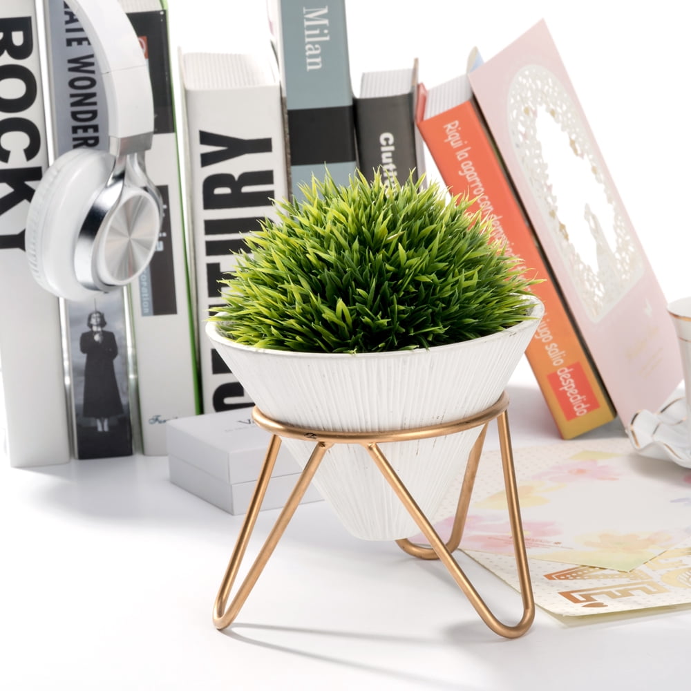 K-Cliffs Modern Design Artificial Plant,Faux Greeny Grass Potted in Conical Shape White Ceramic Pot with a Removable Galvanized Brass Metal Rack