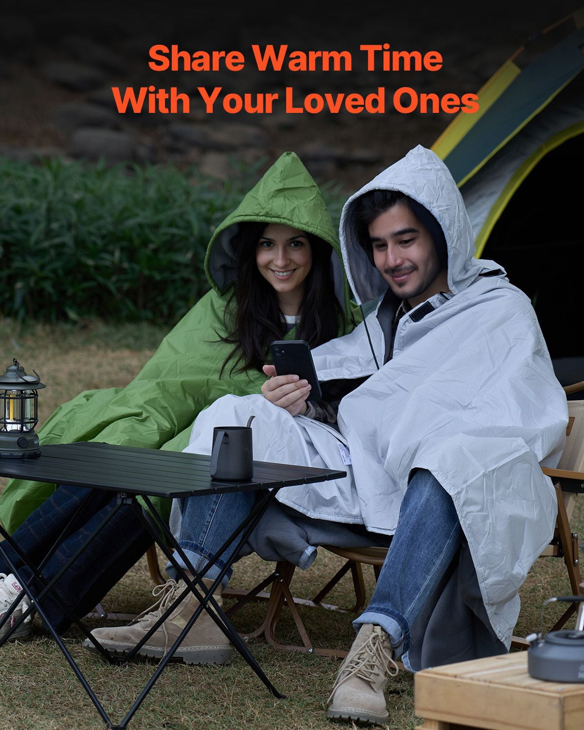 Wearable Camping Blanket 79x59 Inch, PU1500 Waterproof Polyester, 220GSM Fleece Inner, Lightweight 1.79 lbs, 6 Hook and Loop Fasteners for Outdoor Cloak Travel