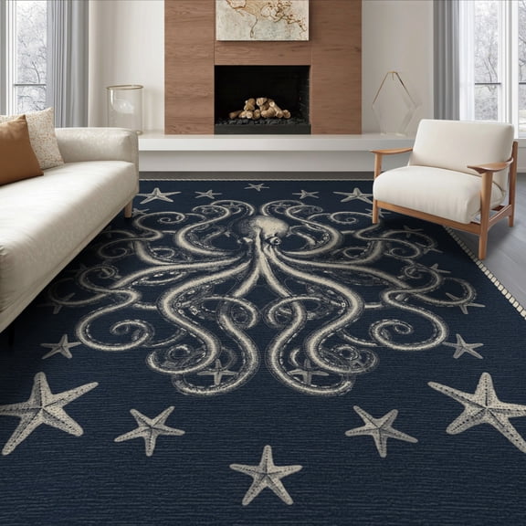ODIKA 8'x10' Washable Area Rug Octopus Animals Nautical Tentacle Vintage Creature Motif Navy Flowing Dynamic for Living Room, Under Sectional, Family , Durable, Non-Slip