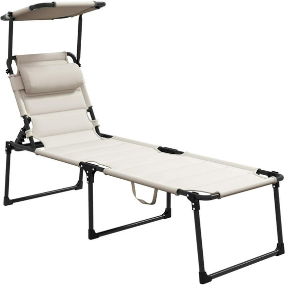Outsunny Outdoor Lounge Chair, Adjustable Backrest Folding Chaise Lounge, Cushioned Tanning Chair w/Sunshade Roof & Pillow Headrest for Beach, Camping, Hiking, Cream White