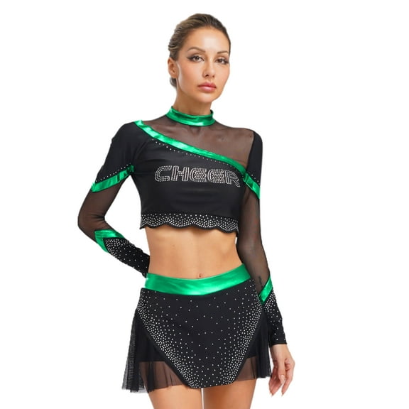 TiaoBug Women's 2 Piece Cheerleading Outfits Long Sleeve Crop Tops & Dance Skirt Set for Musical Rave Party Green S