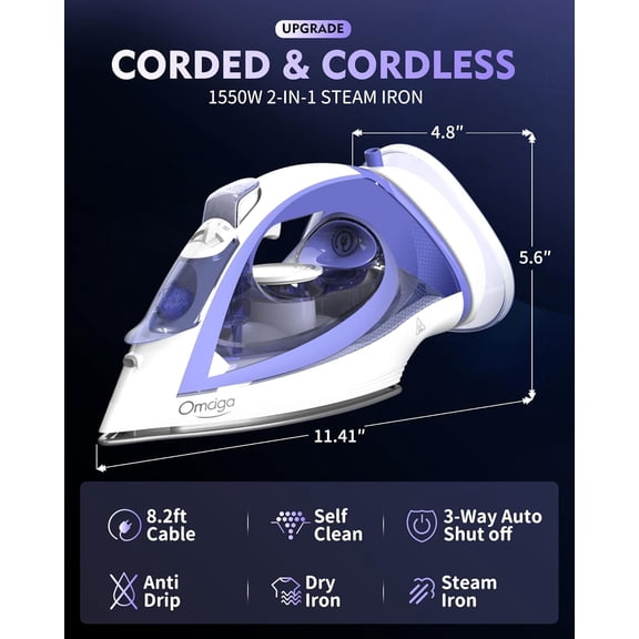 Cordless Iron for Clothes, 1550W 2-In-1 Cordless/Corded Steam Iron Rapid Heating, Ceramic Soleplate, 3-Way Auto-Off, Self-Cleaning, 12.85oz Water Tank Ironing Clothes for Home,