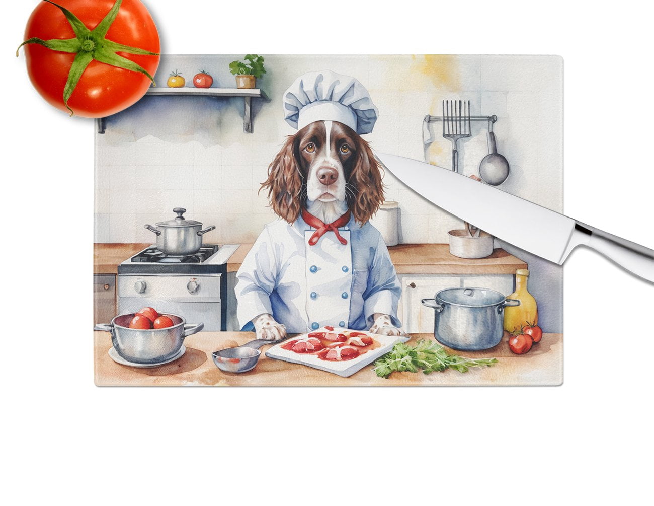 English Springer Spaniel The Chef Glass Cutting Board 12 in x 15 in