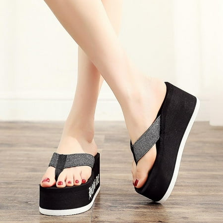 

VKEKIEO Round Toe Womens House Slippers High Heel Platform Black