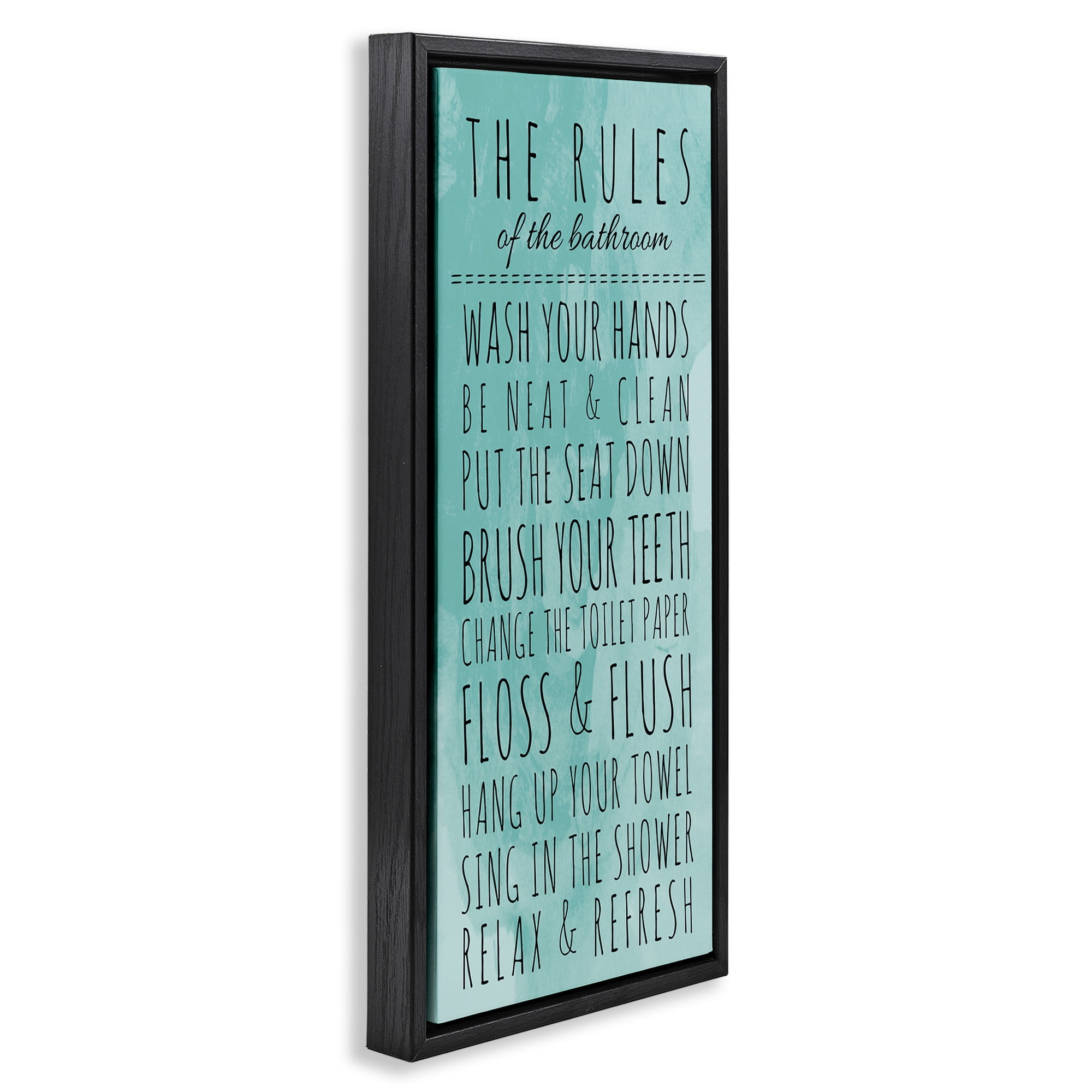 Stupell Industries Bathroom Rules on Turquoise Typography Painting Black Floater Framed Canvas Art Print Wall Art, 15 x 31