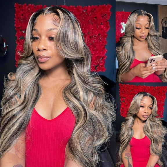 Front lace wig brown mixed color middle part long curly big wave wig