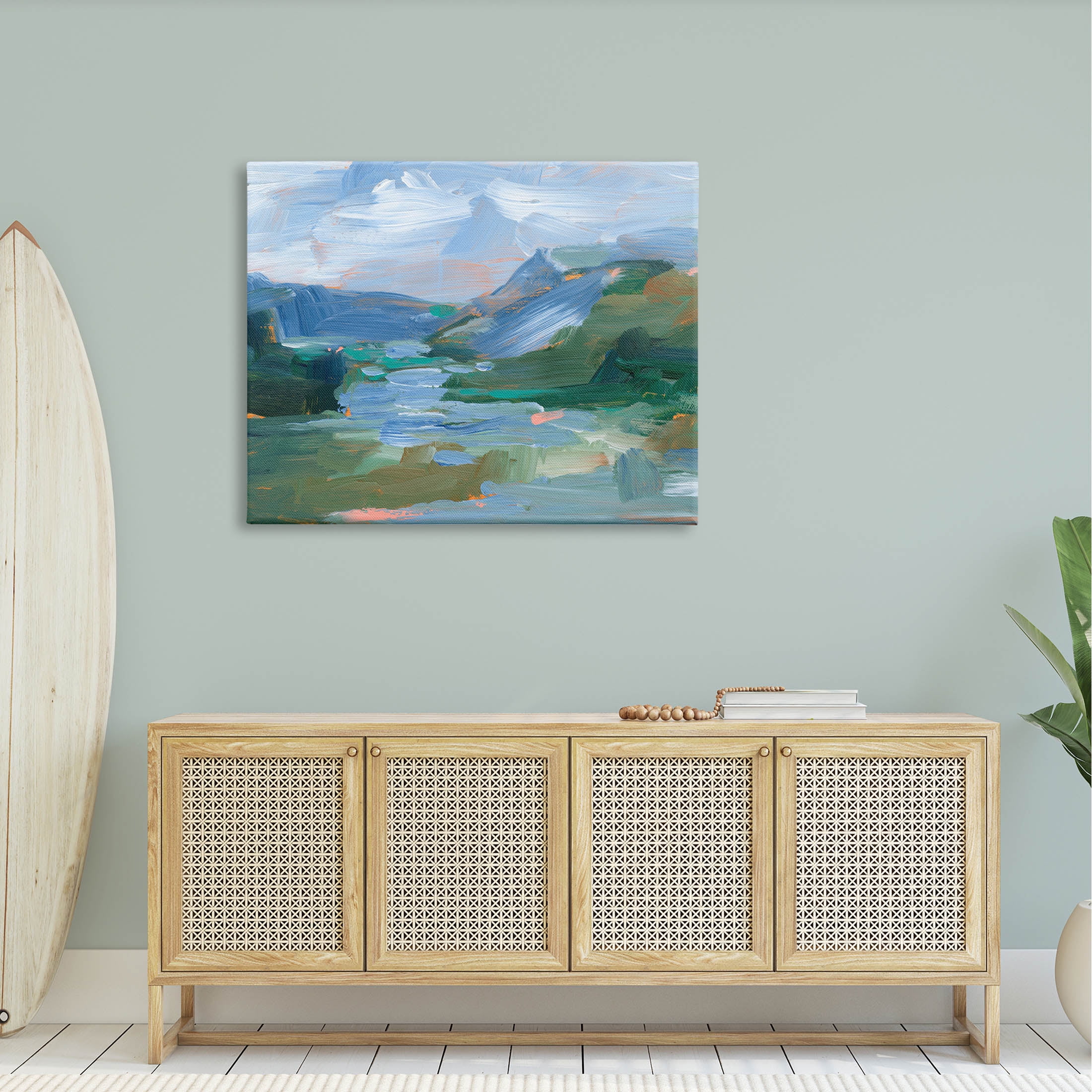River Through Mountains Abstract Scene Landscape Painting Gallery Wrapped Canvas Print Wall Art
